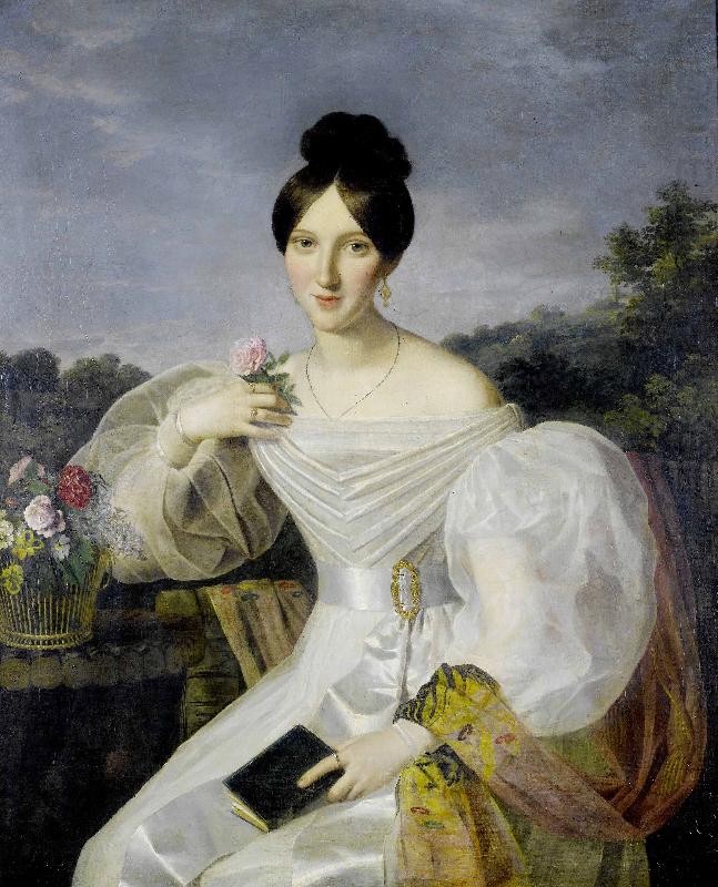A lady in a white dress and shawl before a Viennese landscape, Ferdinand Georg Waldmuller